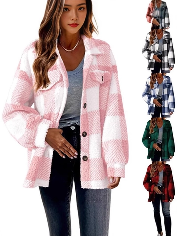 Women Plaid Lamb Velvet Shacket Jacket Casual Button Down Lapel Sherpa Fleece Coat With Pockets Oversized Warm Outerwear