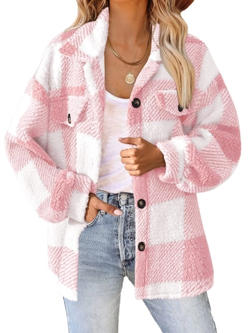 Women Plaid Lamb Velvet Shacket Jacket Casual Button Down Lapel Sherpa Fleece Coat With Pockets Oversized Warm Outerwear