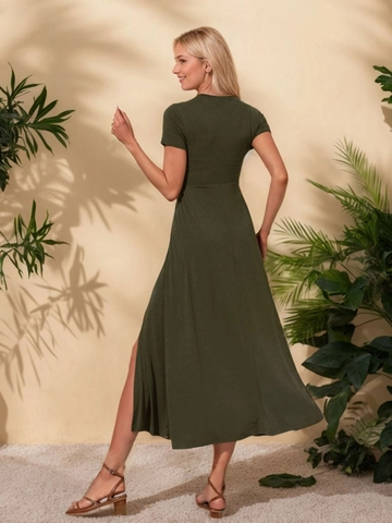Vestido Midi Casual para Mujer Cuello Redondo Manga Corta Abertura Lateral Mezcla de Algodón de Punto Elegante Color Sólido