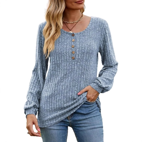 Damen Casual Henley Ausschnitt Rippstrick Oberteil Langarm Knopf Rundhals Einfarbig Locker Weich Pullover Strickjacke Für Herbst