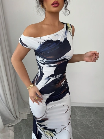Elegantes Ein Schulter Maxikleid Mit Abstraktem Blumendruck Ärmellos Gerafft Bodycon Langes Kleid Abendparty Clubwear Damen