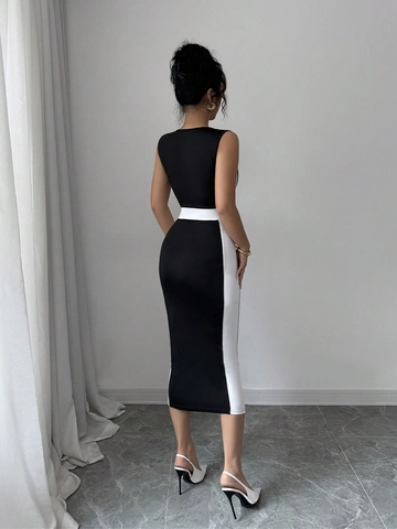 Women Square Neck Sleeveless Color Block Bodycon Dress Slim Fit Elegant Polyester Blend Midi Dress For Summer Party Daily