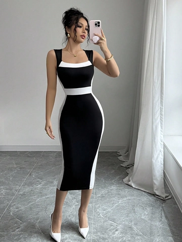 Women Square Neck Sleeveless Color Block Bodycon Dress Slim Fit Elegant Polyester Blend Midi Dress For Summer Party Daily