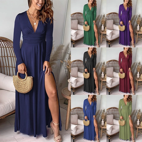 Damen Tiefem V-Ausschnitt Langarm Maxikleid Elegant Geraffte Hohe Taille Seitenschlitz Einfarbig Abendparty Club Langes Kleid