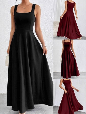 Women Elegant Square Neck Sleeveless Maxi Dress Solid Color A-Line Big Swing Loose Waist Party Evening Long Dress