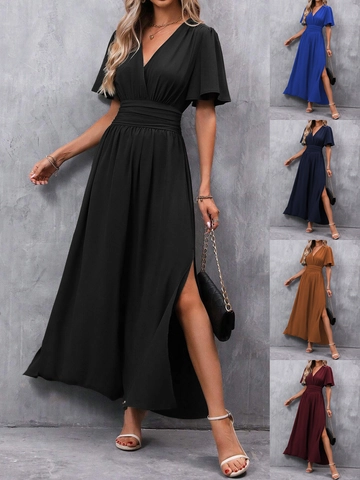 Elegant V Neck Flutter Sleeve Maxi Dress High Waist Smocked Slit Solid Color Polyester Long Dress For Women Party Vacation