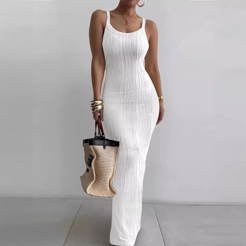 Women Sexy Sleeveless Maxi Dress Slim Fit Wave Textured Bodycon Evening Party Long Dress Elegant Summer Solid Outfit