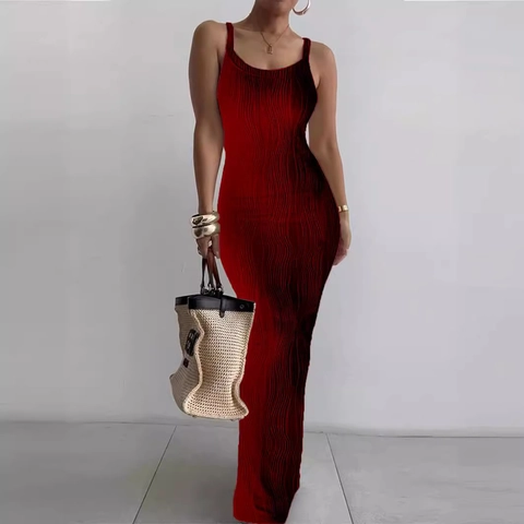 Women Sexy Sleeveless Maxi Dress Slim Fit Wave Textured Bodycon Evening Party Long Dress Elegant Summer Solid Outfit