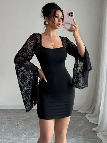 Damen Sexy Eckiger Ausschnitt Spitzen-Patchwork Glockenärmel Bodycon Minikleid Elegant Einfarbig Gestricktes Herbst Partykleid