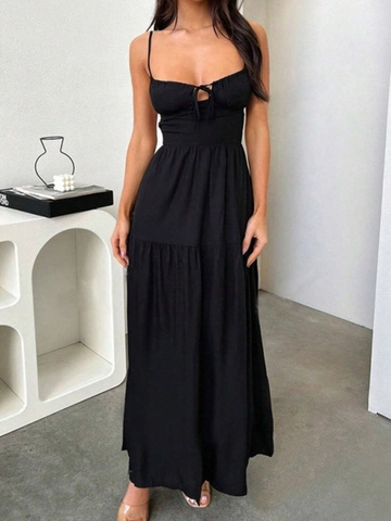Women Sexy Backless Spaghetti Strap Tiered Maxi Dress Criss Cross Tie Front A-Line Elegant Summer Vacation Polyester Dress