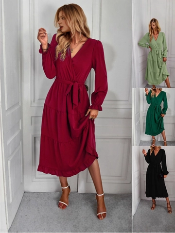 Damen Elegant V Ausschnitt Langarm Gestuftes Midi Kleid Mit Gürtel Rüschenmanschetten Einfarbig Casual Fließendes Party Kleid