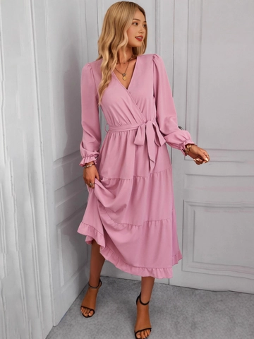 Damen Elegant V Ausschnitt Langarm Gestuftes Midi Kleid Mit Gürtel Rüschenmanschetten Einfarbig Casual Fließendes Party Kleid