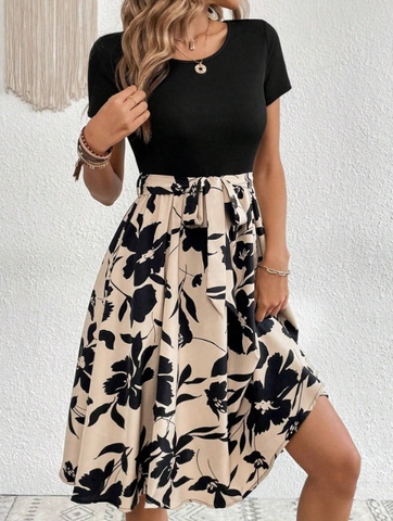 Γυναικείο Patchwork Midi Φόρεμα Πλεκτό Τοπ με Ραβδώσεις Φλοράλ Φούστα Αλφα Γραμμή Κοντό Μανίκι Στρογγυλή Λαιμόκοψη