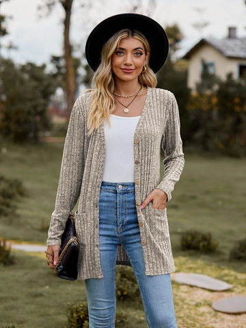 Dames Geribbelde Gebreide Cardigan Lange Mouwen V-hals Enkele Rij Knoppen Effen Kleur Trui Jas Met Zakken Casual Losse Bovenkleding