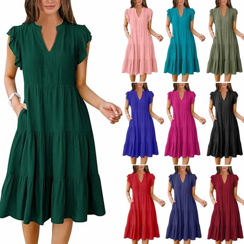 Vestido Midi de Capas para Mujer con Cuello en V Manga de Volantes Verano Casual Vacaciones Color Sólido Boho Vestido con Bolsillos Elegante