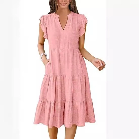 Vestido Midi de Capas para Mujer con Cuello en V Manga de Volantes Verano Casual Vacaciones Color Sólido Boho Vestido con Bolsillos Elegante