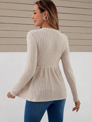 Maglietta Premaman a Maniche Lunghe in Maglia a Costine Top Casual con Orlo a Volant Tinta Unita Abbigliamento Gravidanza