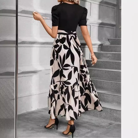 Women Elegant Patchwork Floral Print Maxi Dress Short Puff Sleeve Round Neck Tie Waist Boho Vacation Summer Long Dress