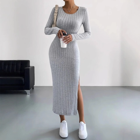 Damen Langarm Rundhalsausschnitt Seitenschlitz Rippstrick Bodycon Maxikleid Herbst Winter Schlanke Passform Einfarbig Lässig Langes Kleid