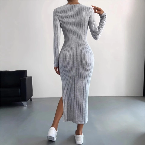 Damen Langarm Rundhalsausschnitt Seitenschlitz Rippstrick Bodycon Maxikleid Herbst Winter Schlanke Passform Einfarbig Lässig Langes Kleid