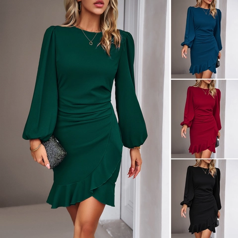 Women Elegant Solid Color Ruched Bodycon Dress Lantern Long Sleeve Round Neck Asymmetric Ruffle Hem Party Midi Dress