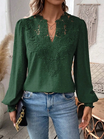 Blusa de Mujer con Cuello en V y Encaje Elegante Swiss Dot Top de Manga Larga Casual Color Sólido Camisas Bohemias