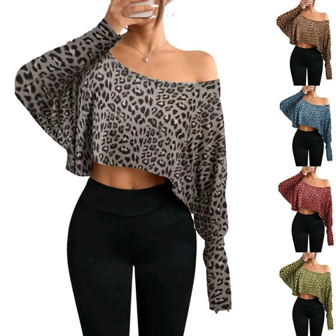 Maglietta da Donna Sexy con Spalle Scoperte Stampa Leopardata Manica Lunga Crop Top Casual Monospalla a Pipistrello