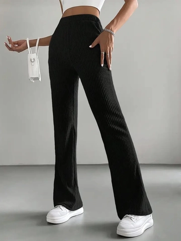 Women's Ribbed Knit Flare Pants High Waist Slim Fit Solid Color Casual Pants Polyester Spandex Soft Stretchy Bottom Trousers
