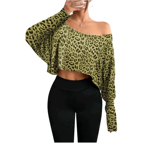 Maglietta da Donna Sexy con Spalle Scoperte Stampa Leopardata Manica Lunga Crop Top Casual Monospalla a Pipistrello