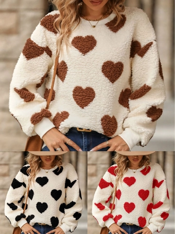 Women's Heart Print Sherpa Fleece Sweatshirt Loose Crew Neck Long Sleeve Pullover Thick Warm Winter Pullover Top