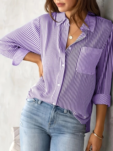 Camicetta da Donna Casual a Righe a Manica Lunga Colletto a Punta Camicia con Bottoni Vestibilità Larga Top Pendolare Ufficio