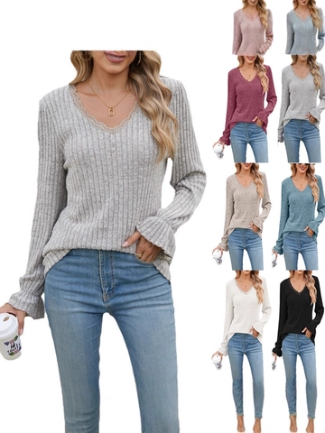 Damen Casual V-Ausschnitt Spitze Gerippt Strickoberteil Rüschen Langarm Einfarbig Pullover Elegant Schlank Jumper Für Herbst Winter