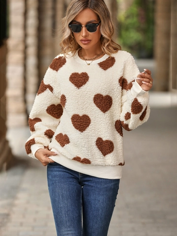 Women's Heart Print Sherpa Fleece Sweatshirt Loose Crew Neck Long Sleeve Pullover Thick Warm Winter Pullover Top