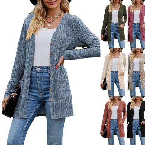 Women Casual Long Sleeve Ribbed Knit Cardigan V-Neck Button Down Mid-Length Loose Sweater Jacket With Pockets Outerwear