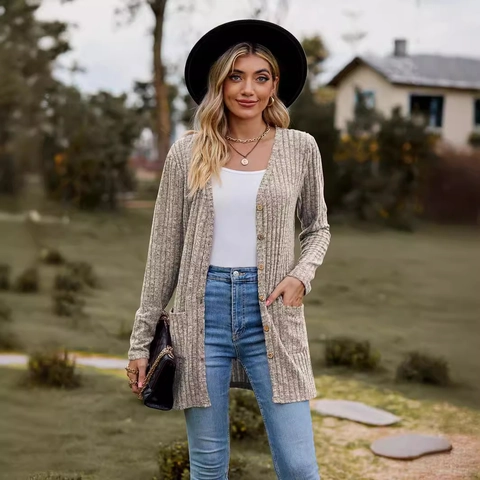 Women Casual Long Sleeve Ribbed Knit Cardigan V-Neck Button Down Mid-Length Loose Sweater Jacket With Pockets Outerwear