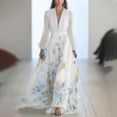 Damen Elegant V-Ausschnitt Patchwork Floral Print Maxi Kleid Schiffon Langarm Party Cocktail Hohe Taille A-Linie Langes Kleid