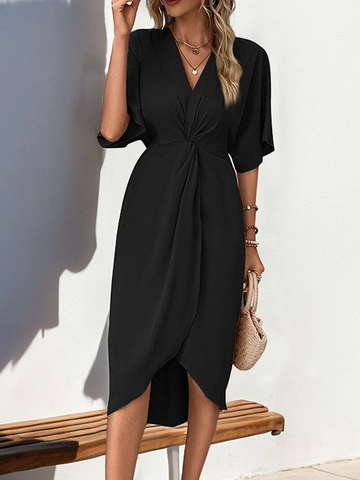 Abito Midi Elegante da Donna Tinta Unita Scollo a V Nodo Frontale Orlo Asimmetrico Manica Corta Vacanze Estive Party Casual