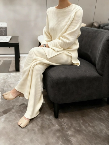 Damen Geripptes Strick Zweiteiler Set Rundhals Langarm Lockerer Pullover Und Hohe Taille Weite Hose Casual Lounge Wear Outfits