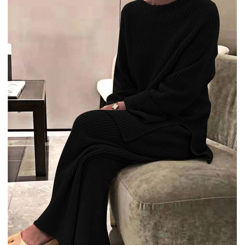 Women Casual Polyester Knit Two Piece Set Long Sleeve Crew Neck Pullover Sweater And Wide Leg Pants Solid Color Loungewear