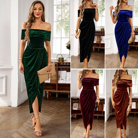 Elegant Off-Shoulder Samt Kleid Für Damen Einfarbig Gerafft Vorne Schlitz Slim Fit Midi Bankett Party Abendkleid