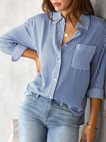 Camicia a Righe da Donna Manica Lunga Elegante Revers Bottoni Camicetta Casual Larga Lunghezza Media Top Con Tasca Ufficio