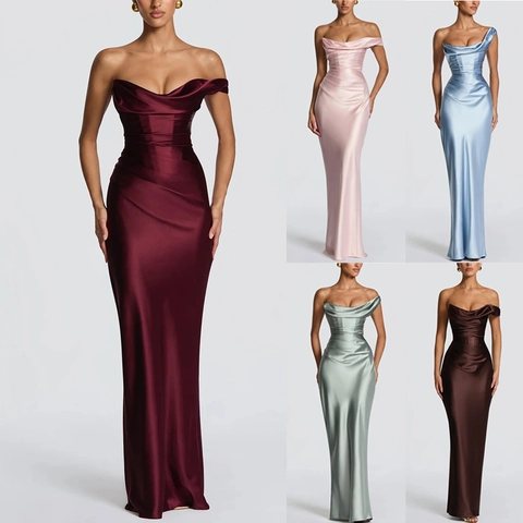 Robe Maxi en Satin Élégante à Épaule Asymétrique Plissée Moulante pour Femme Coupe Slim Longueur Sol Soirée Fête Mariage Invité