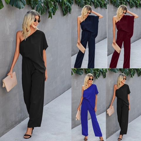Women's Sexy One Shoulder Wide Leg Jumpsuit Solid Color Loose Short Sleeve Elastic Waist Long Pants Jumpsuit For Women