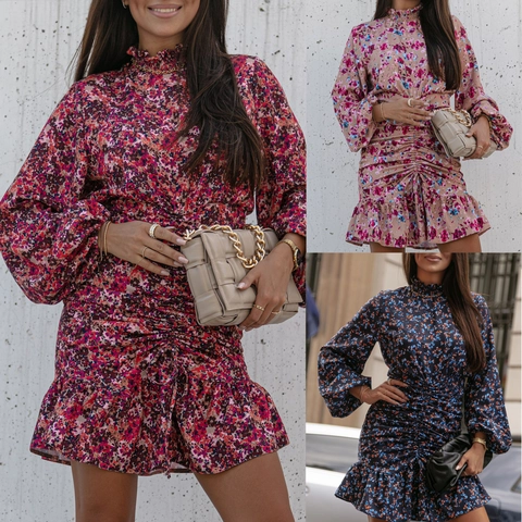 Damen Hochhals Blumen Minikleid Laternenärmel Gerüscht Rüschensaum Casual Slim Langarm Polyester Kurz Kleider