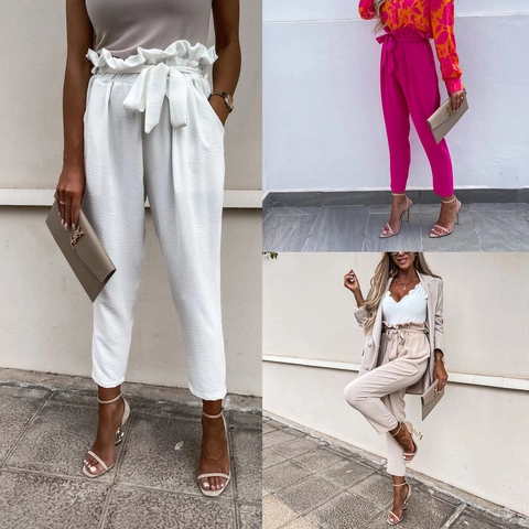 Women High Waist Paperbag Pants With Tie Belt Solid Color Polyester Blend Loose Casual Nine-Minute Trousers With Pockets