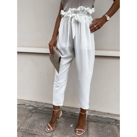 Women High Waist Paperbag Pants With Tie Belt Solid Color Polyester Blend Loose Casual Nine-Minute Trousers With Pockets