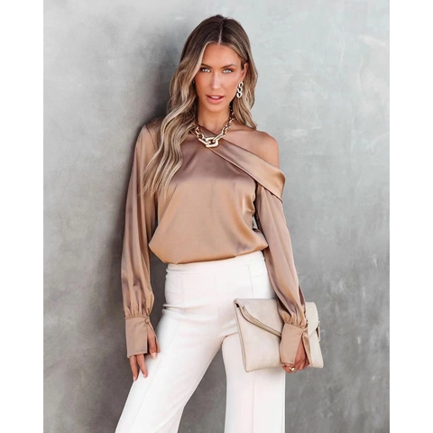 Women Sexy Off Shoulder Long Sleeve Satin Blouse Elegant Solid Color One Shoulder Pullover Top Casual Fashion Shirt