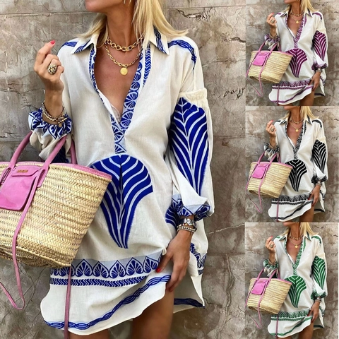 Women Bohemian Floral Print Midi Shirt Dress Loose Casual Lapel Long Sleeve Polyester Vacation Style Resort Wear Dress