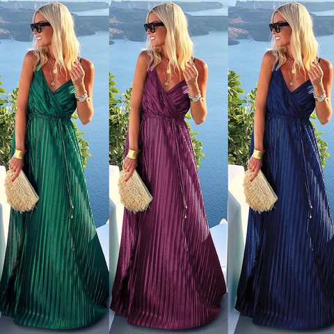 Women Sexy Pleated Maxi Dress V Neck Spaghetti Strap Sleeveless Solid Color Tie Back Loose Casual Vacation Long Dress