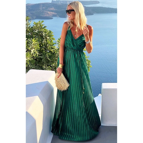Women Sexy Pleated Maxi Dress V Neck Spaghetti Strap Sleeveless Solid Color Tie Back Loose Casual Vacation Long Dress